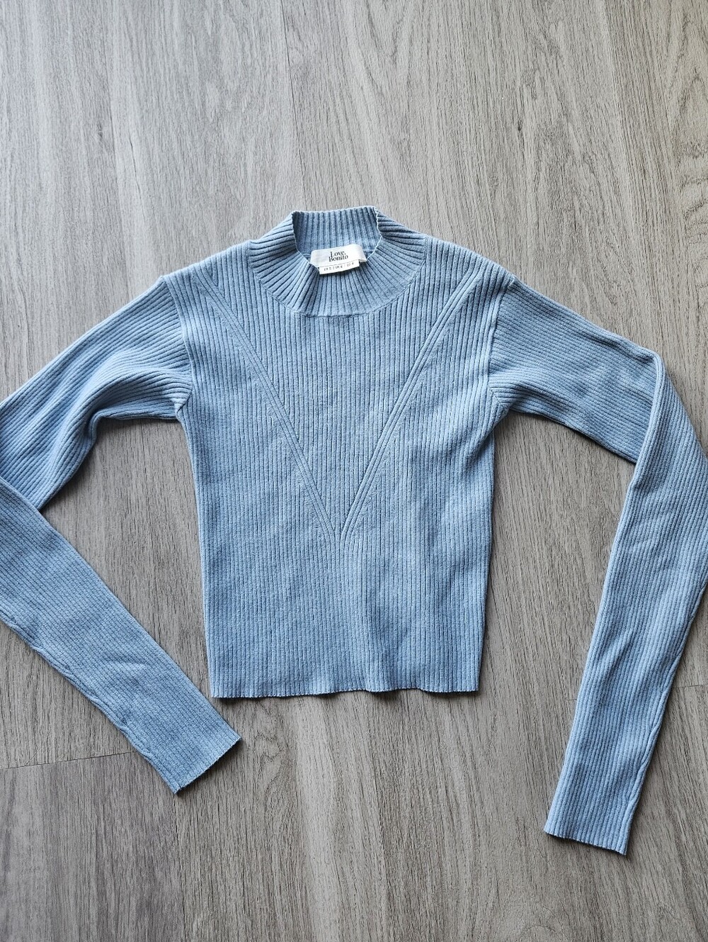 Love, Bonito Blue Ribbed Knit High Neck Cropped Sweater